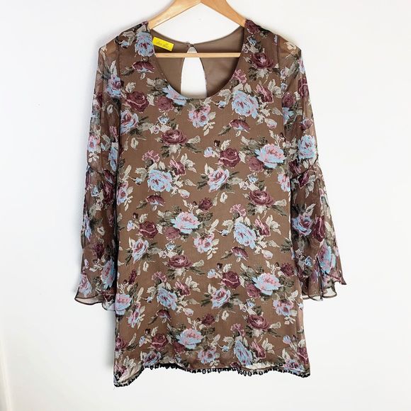 Dee Elle Shift Dress Medium Brown Floral Print Flared Bell Sleeve Crochet Boho M - Picture 2 of 8